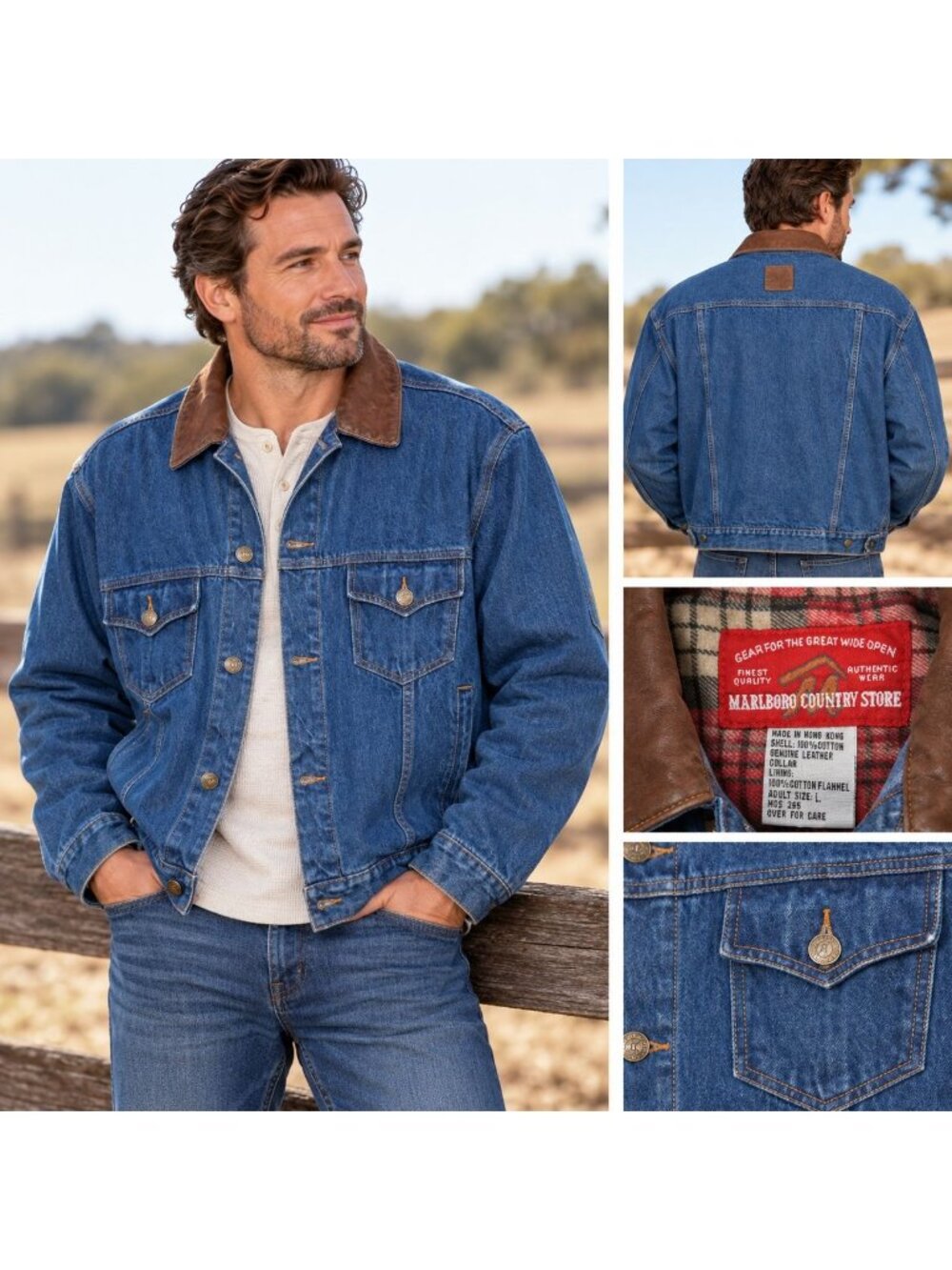 Vintage 90s Marlboro Country Store Denim Jean Jacket Mens L Leather Collar